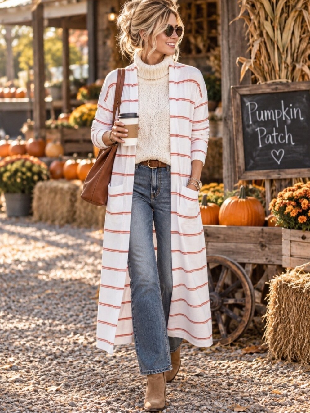Cabi Stroll Long Cardigan Sweater Duster Orange Stripe White Knit Coastal Sz M